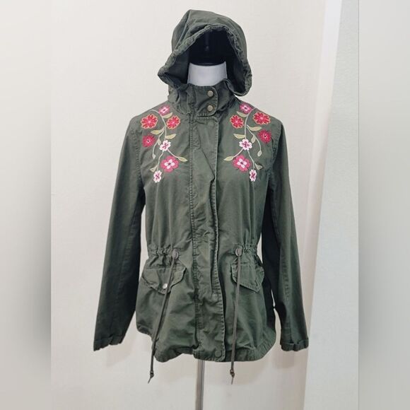 Xhilaration Junior Floral Embroidered Anorak Jacket Olive Utility Outdoor Size L - Picture 3 of 11